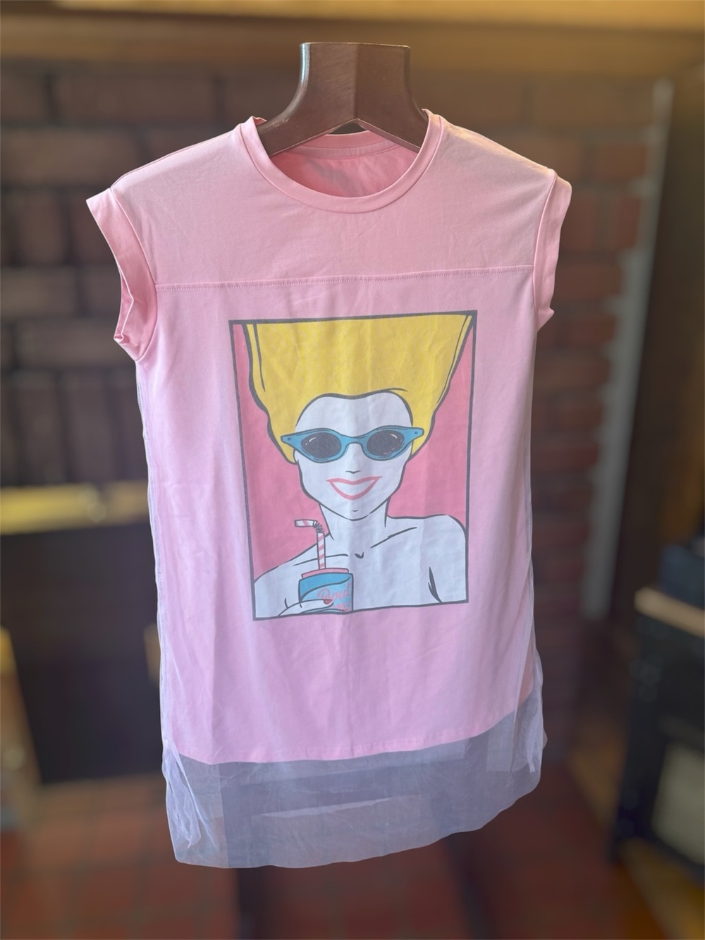 Pink Ginsen cotton Sleeveless beach dress with Retro Cartoon Print size M